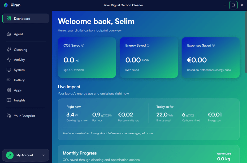 Kiran Dashboard - Track your digital carbon footprint